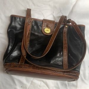 BRAHMIN Vintage black tote w/croc embossed brown shoulder straps & accents